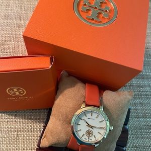 Tory Burch gold and orange leather wrap watch